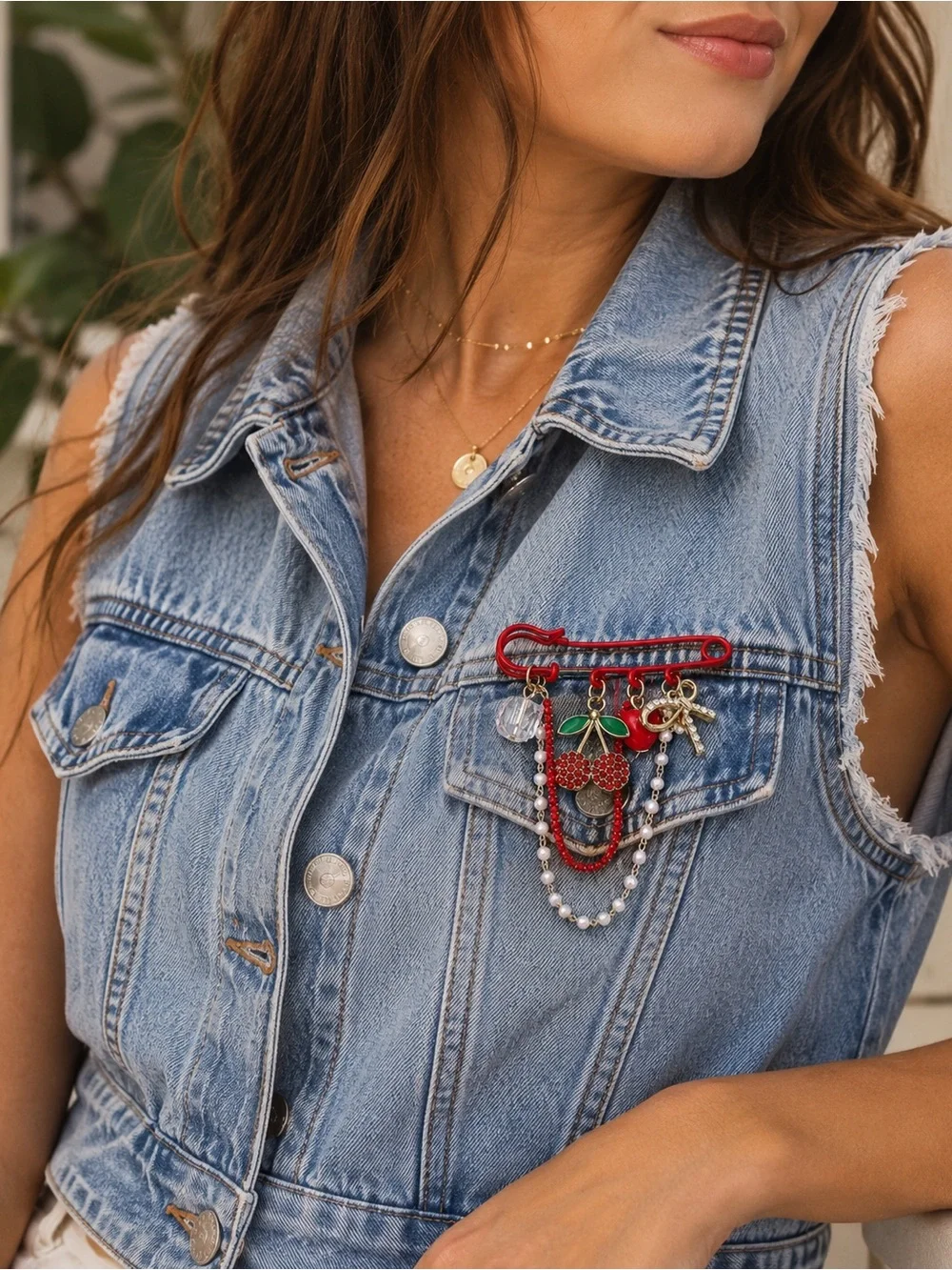 Multi Charm Red Safety Pearl Pin Brooch